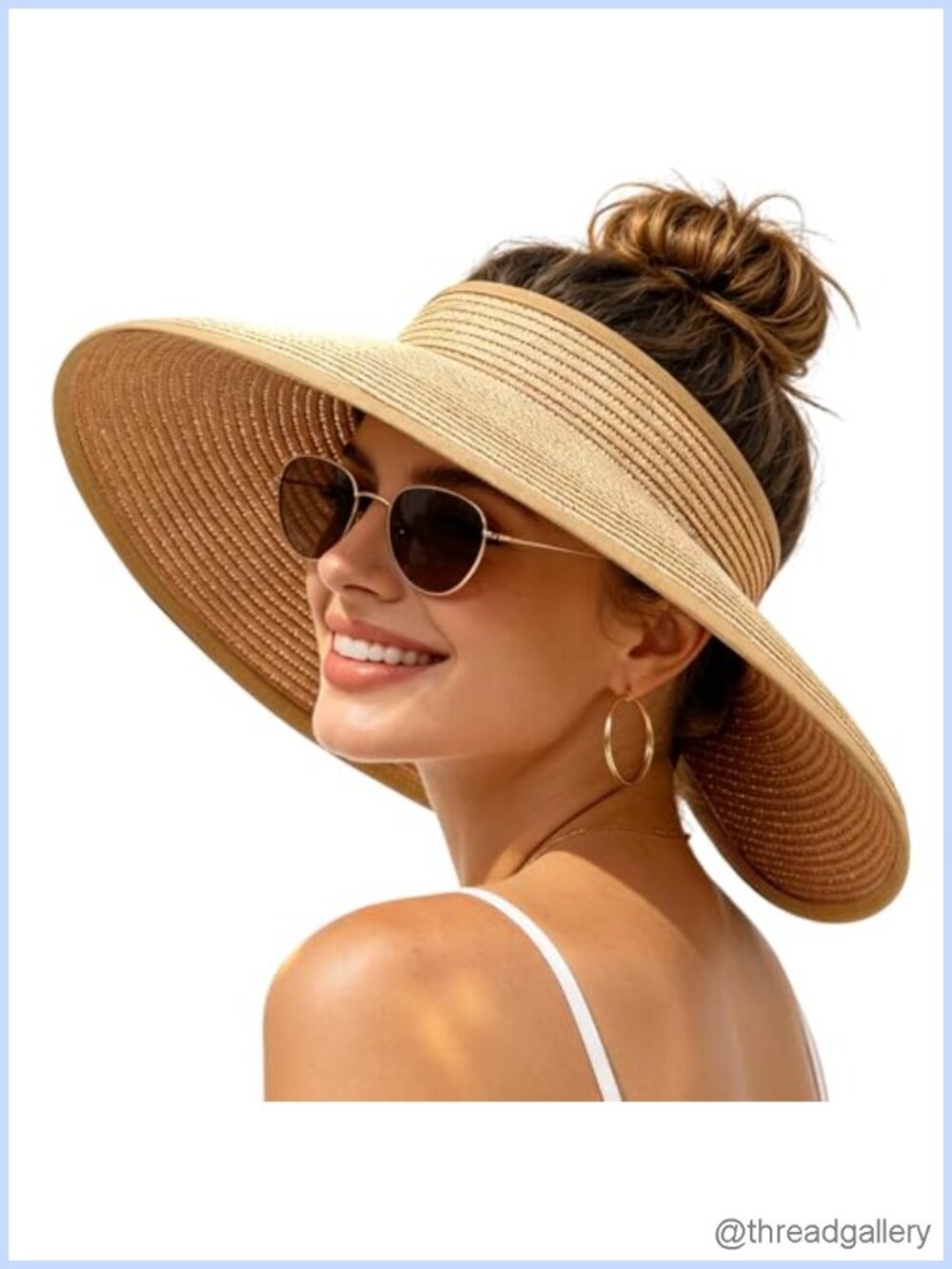 UV UPF Straw Beach Hat Foldable Wide Brim Ponytail Sun Visor